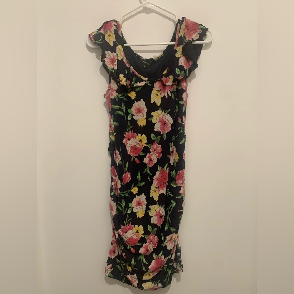 Maternity, Stork and Babe Navy with flowers dress, size medium
